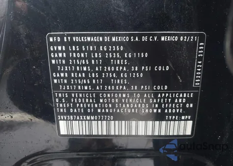 2021 Volkswagen Tiguan 2.0T Se/2.0T Se R-Line Black/2.0T Sel из США, поврежденный, VIN 3VV3B7AXXMM077720